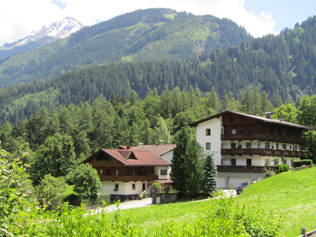 un grupo de edificios en una colina con montañas en el fondo en Apart Tuxertal, en Finkenberg