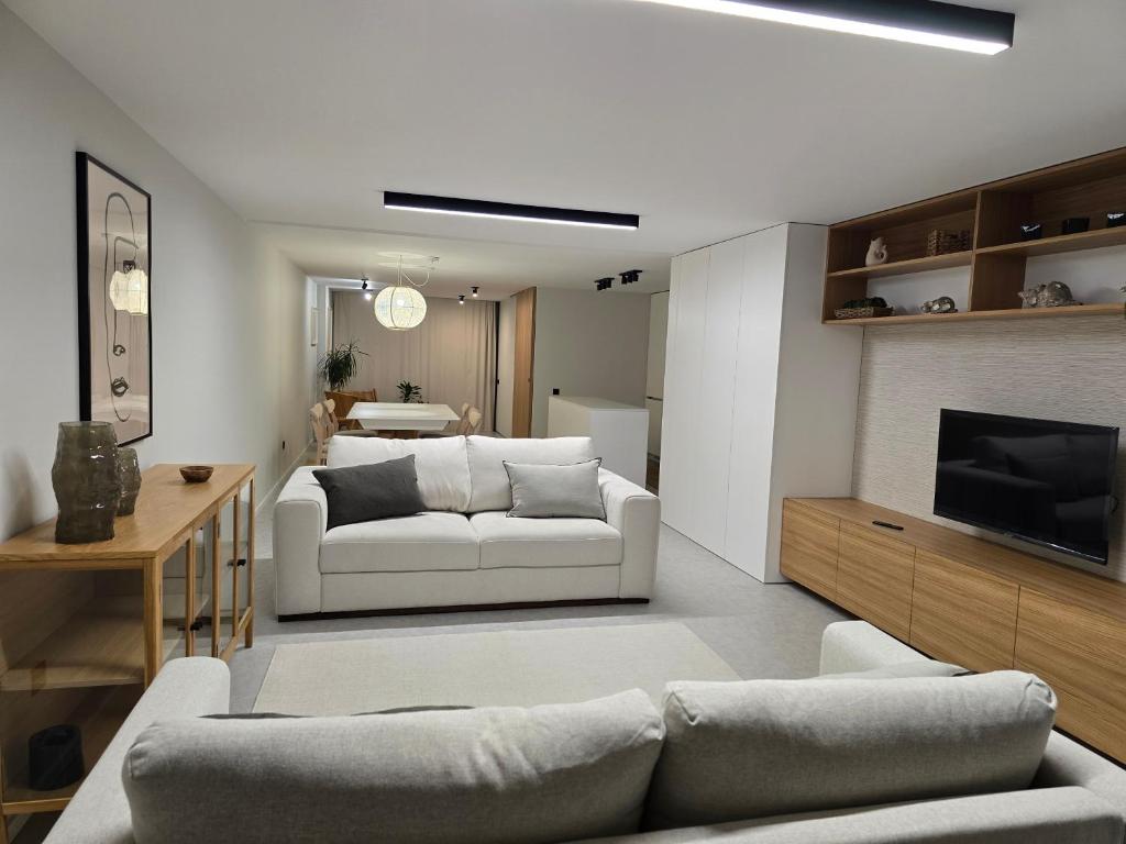 a living room with two couches and a television at SecretWaters Studio in São Jacinto