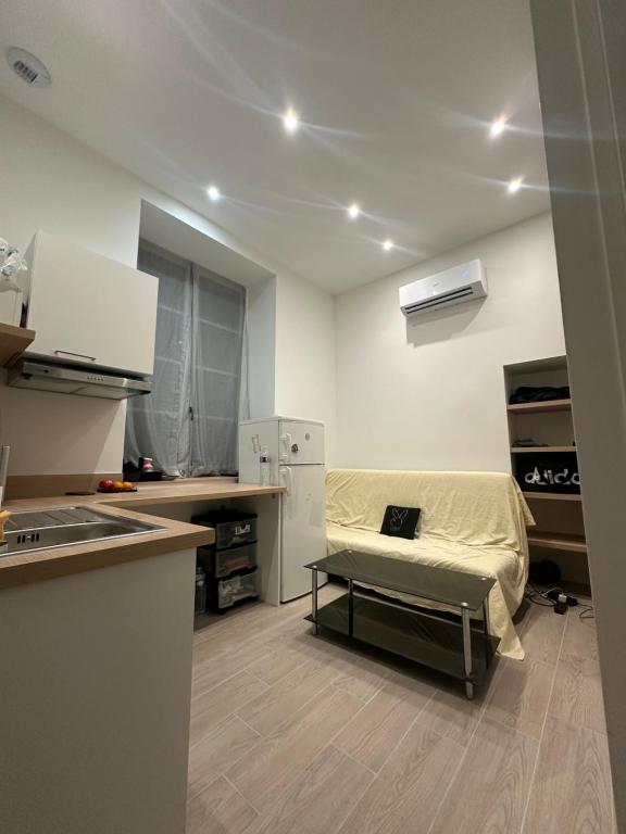 eine Küche mit einem Sofa in der Mitte eines Zimmers in der Unterkunft Magnifique appartement neuf Bellecour in Lyon