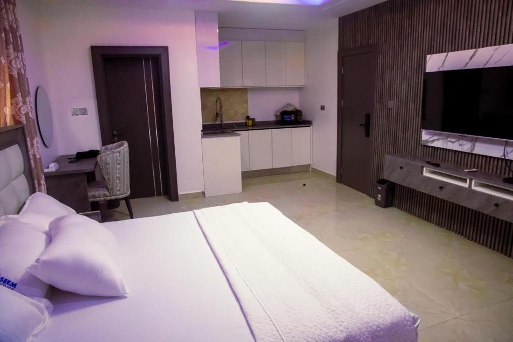 a large room with a kitchen and a television at Seem Homes in Abuja