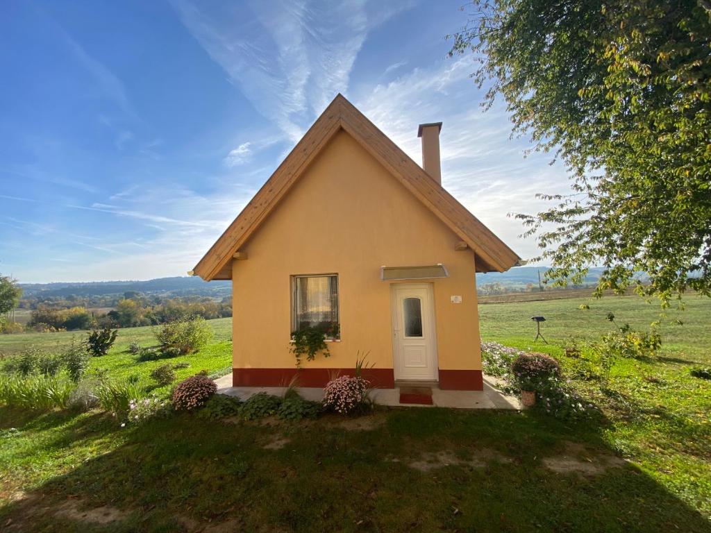 a small house in the middle of a field at Eiross Apartmanház in Tamási