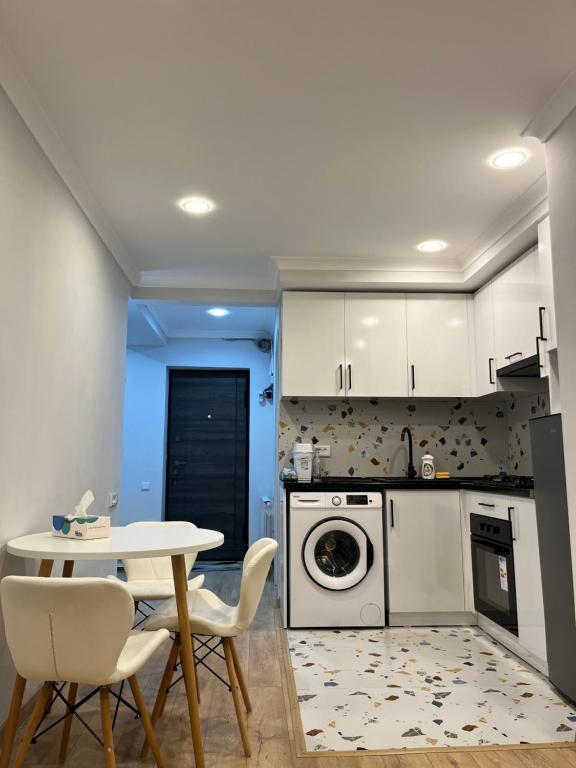 cocina con lavadora, mesa y sillas en Okie-Dokie, en Dilijan