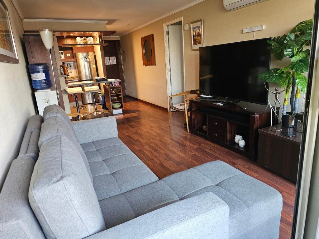 a living room with a couch and a flat screen tv at Departamento con AC Ñuñoa in Santiago