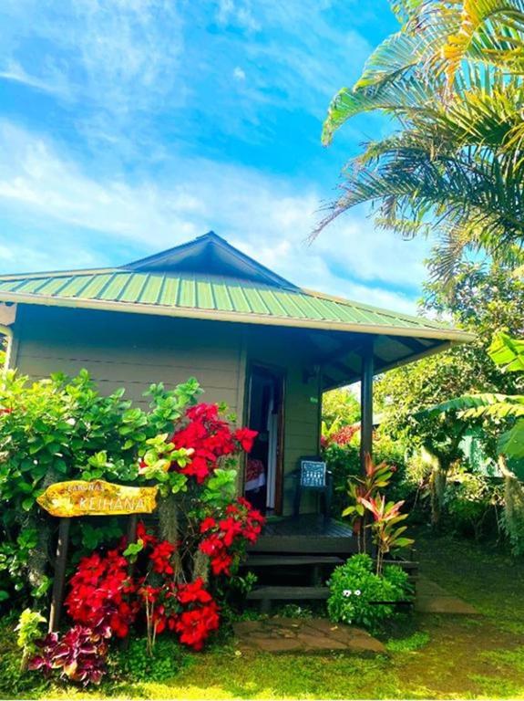 a small house with red flowers and a bench at Cabañas Keihana Rapa Nui in Hanga Roa