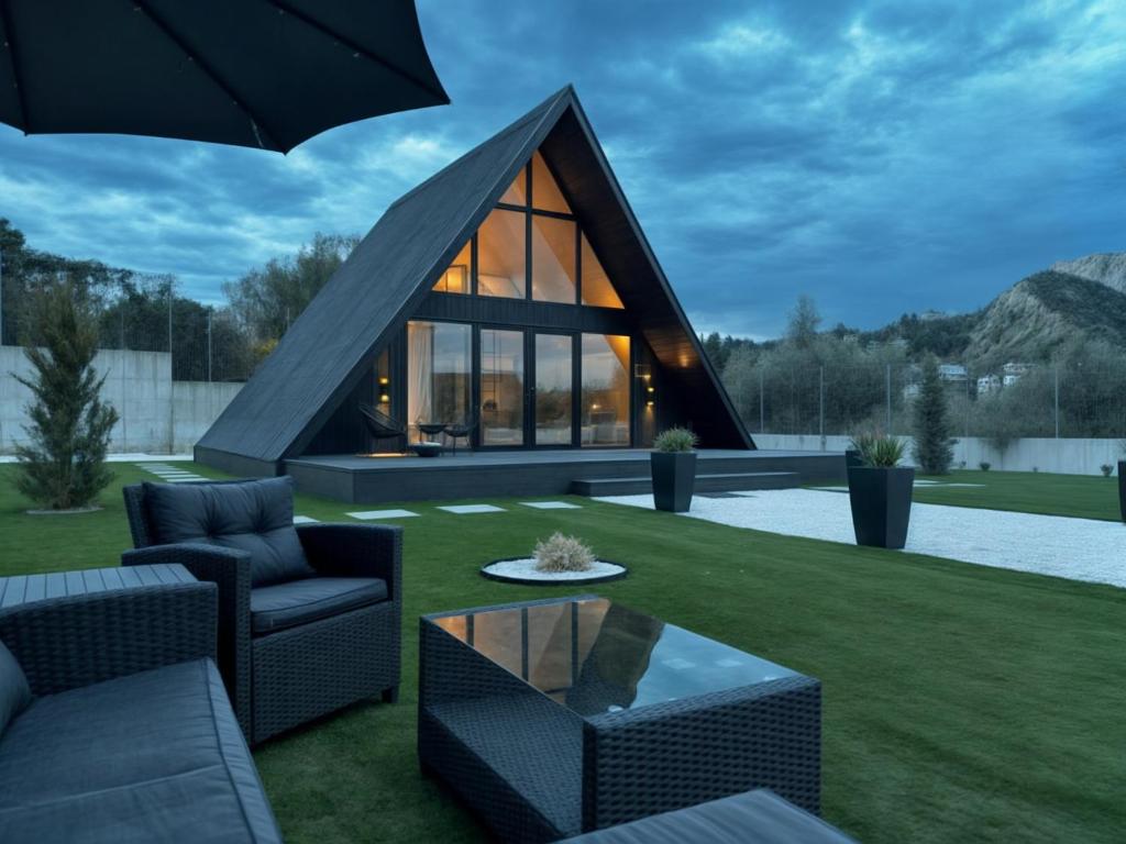 a house with a triangular roof sitting on a lawn at A-FRAME Ξυλόκαστρο 