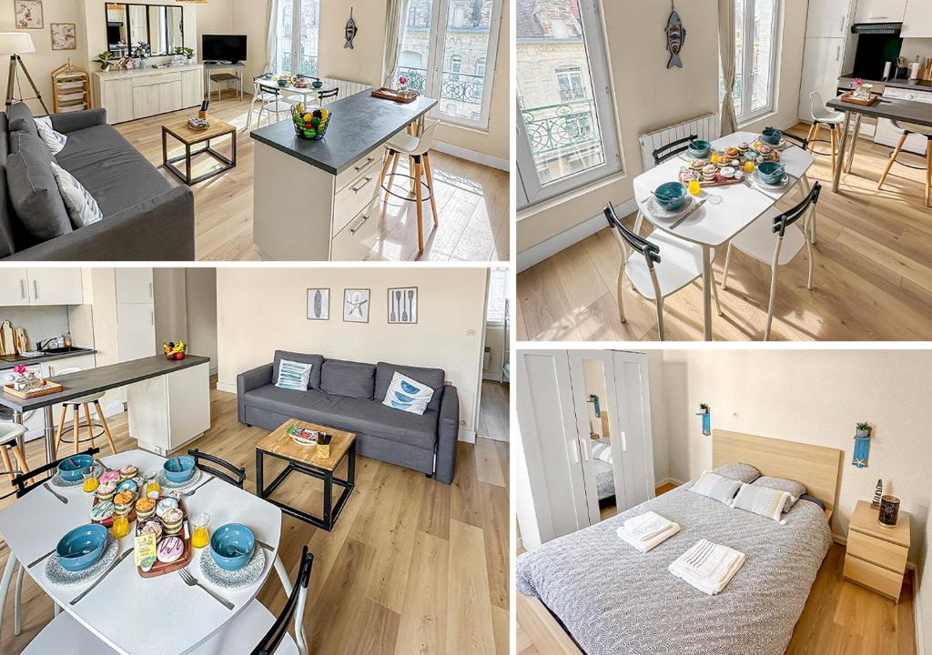 a collage of four pictures of a living room at Nid D'Opal - appartement centre-ville proche plage in Berck-sur-Mer