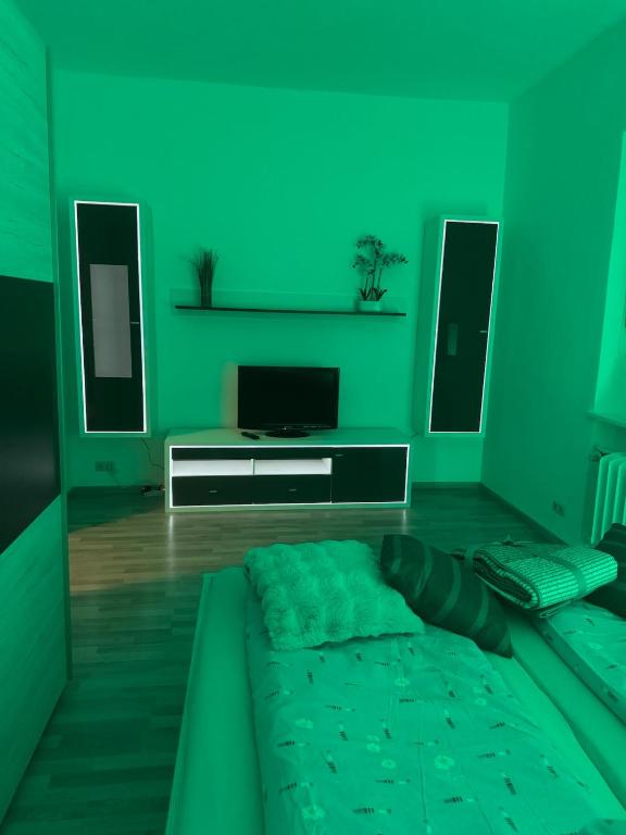 a green living room with a couch and a tv at Wohnen inklusive Fitness & Wellness in Dessau