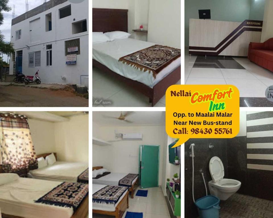 a collage of four pictures of a hotel room at Hotel O New Nest in Melappālaiyam