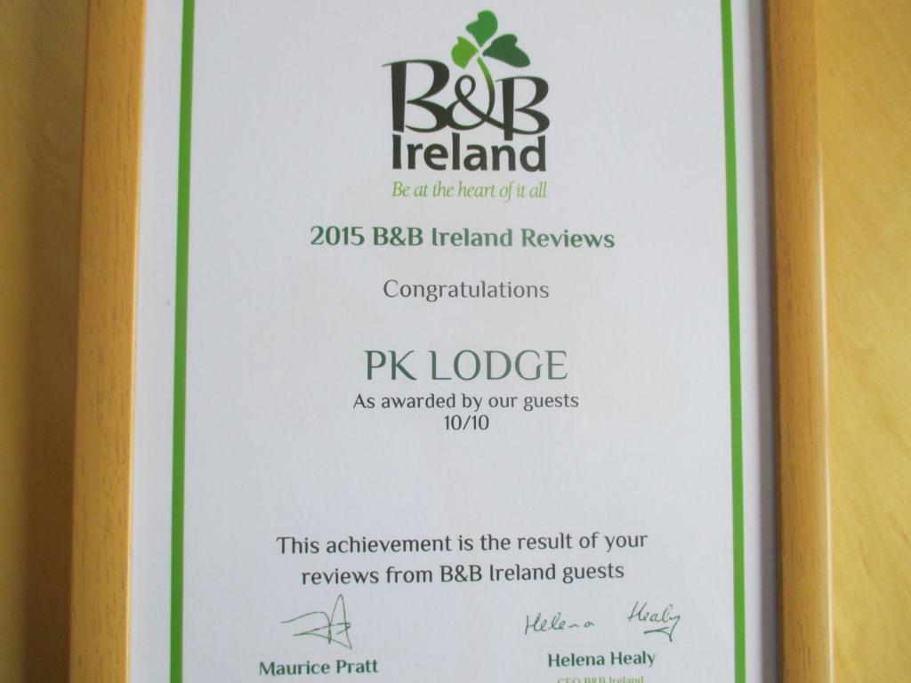 Certifikát, hodnocení, plakát nebo jiný dokument vystavený v ubytování PK Lodge Bed and breakfast