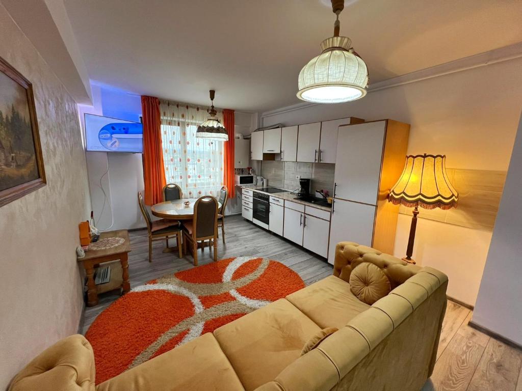 a living room with a couch and a kitchen at Panoramic La Cetate in Tîrgu Neamţ