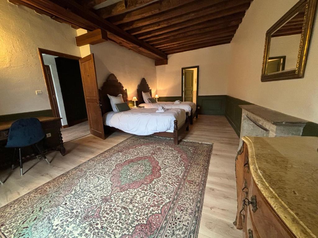 1 dormitorio con 2 camas y una alfombra grande en Le Moulin des Marguerites, en Saint-Père