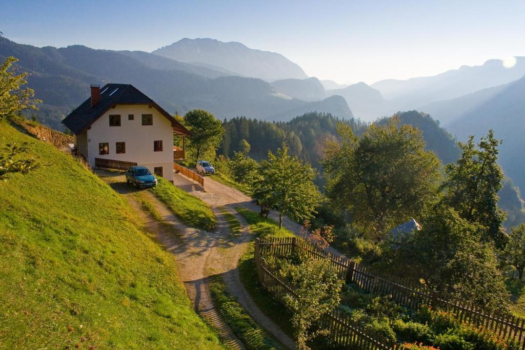 a house on a hill with mountains in the background at Turistična kmetija Perk in Solčava