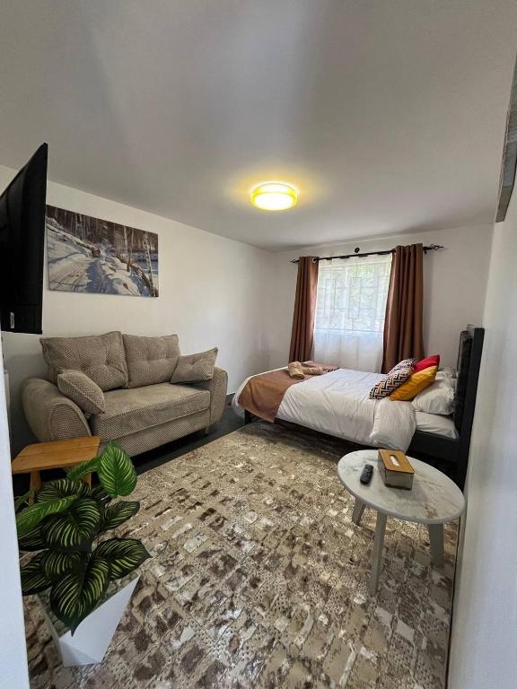 a living room with a bed and a couch at Kileleshwa studio in Nairobi