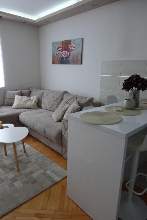 Una sala de estar blanca con un sofá y una mesa. en Stan u centru Niša, Obilićev venac, en Niš