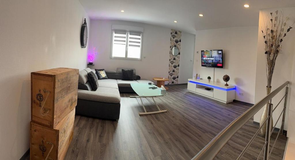 a living room with a couch and a tv at Elegant duplex au 3 frontières in Kingersheim