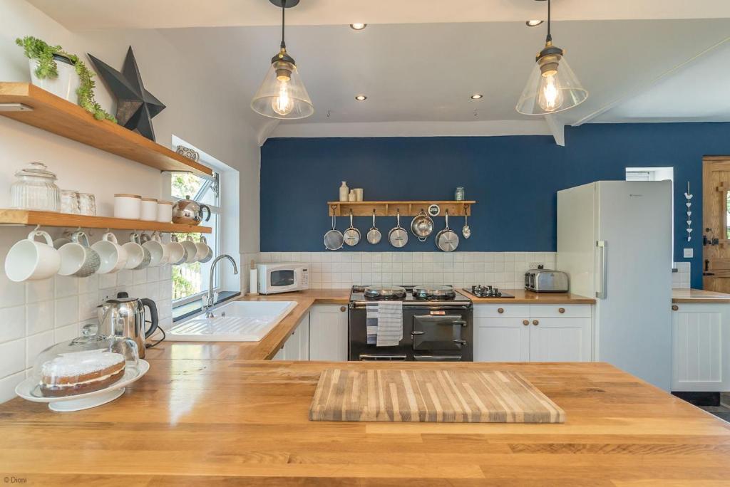 a kitchen with blue walls and a wooden counter top at Artro in Llanbedr