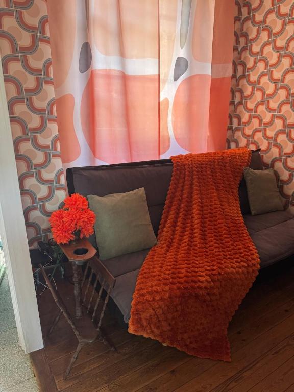 a couch with a blanket and a vase of flowers at maison au charme rétro, équipée et tranquille in Abbeville