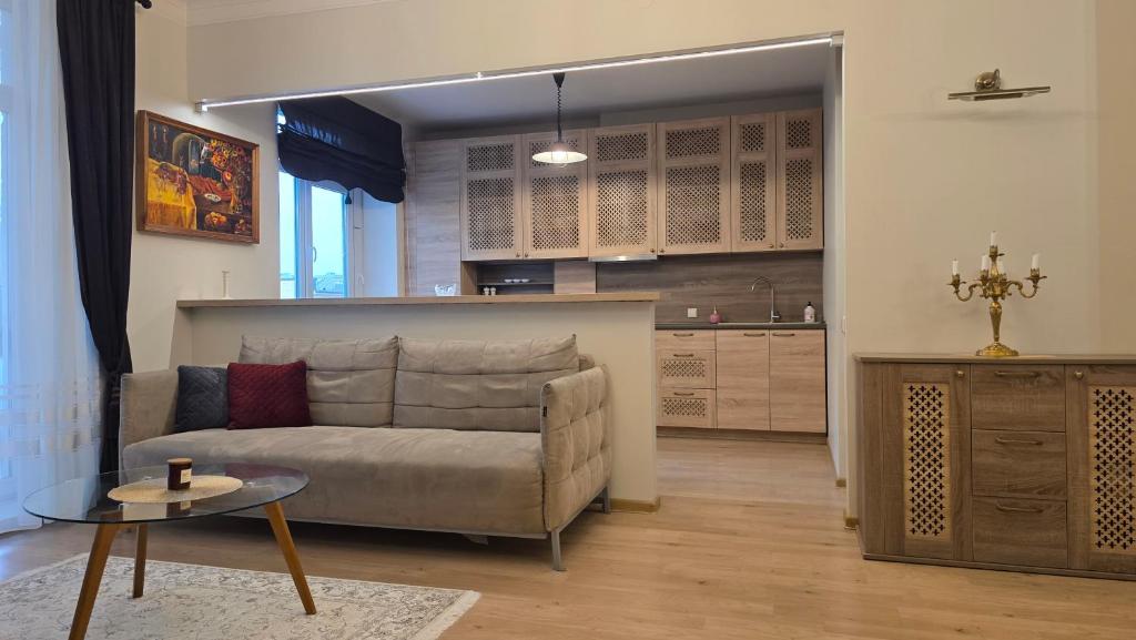 a living room with a couch and a table at Vytauto Apartments in Šiauliai