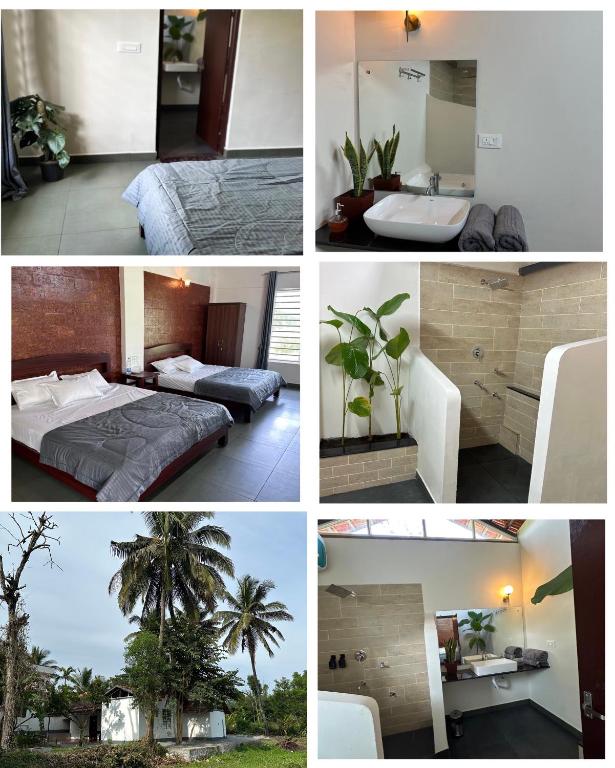 a collage of photos of a bedroom and a bathroom at Sky Holiday Homestay Cottages Madikeri Kushalnagar Coorg in Kushālnagar