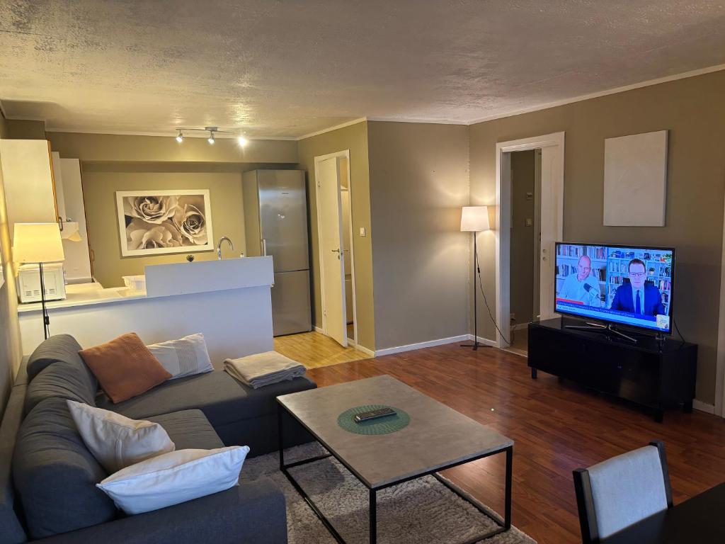 a living room with a couch and a flat screen tv at JECI Apartment Sandvika Bærum - Great view and Attractive in Østre Jong