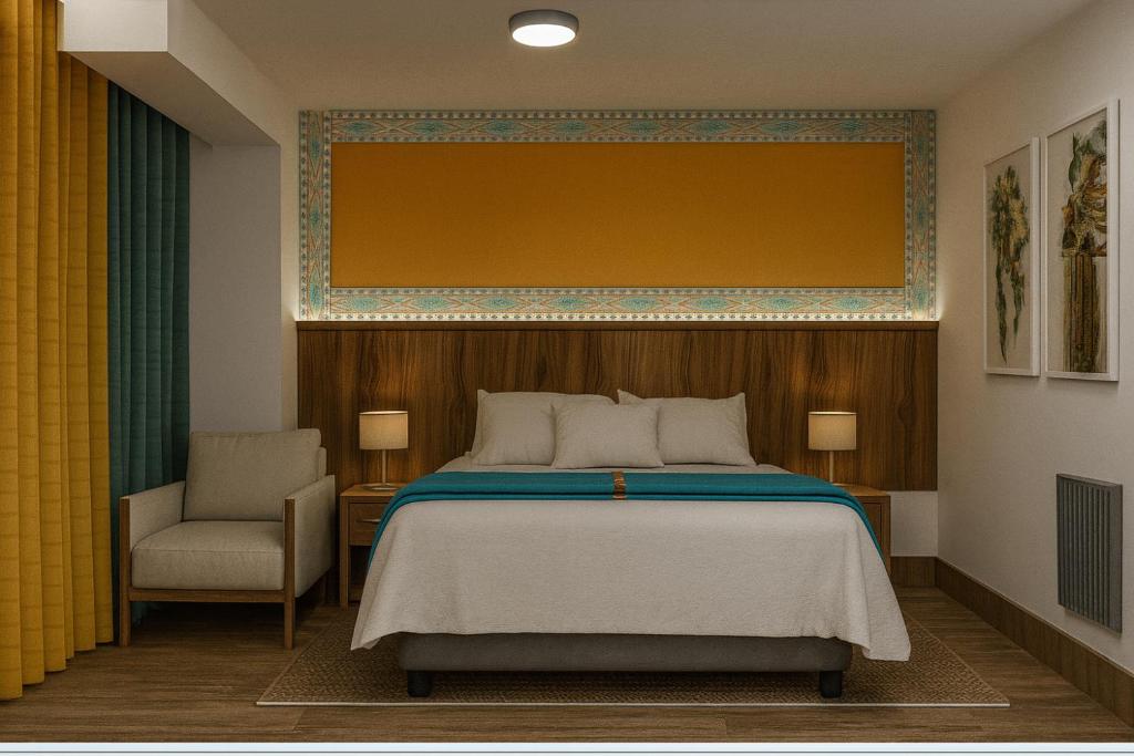 un dormitorio con una cama y una silla en Hanaqua Hotel, en Cusco