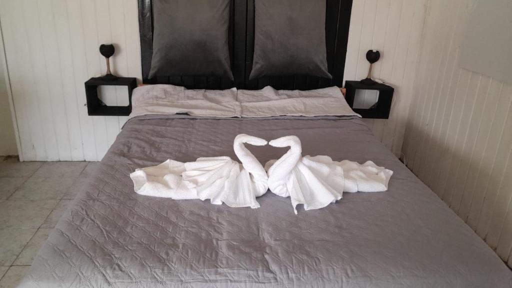 twee witte zwanen maken een hart op een bed bij Monoambiente in La Porteña