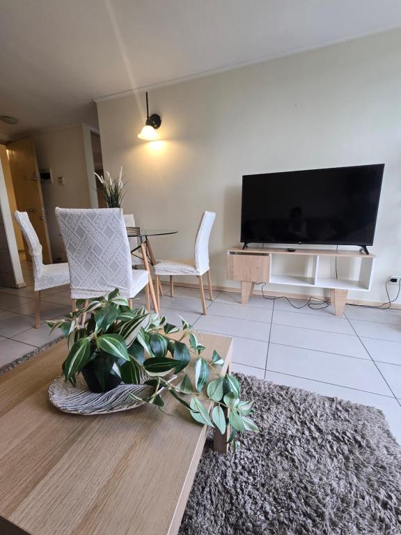 salon z dużym telewizorem z płaskim ekranem w obiekcie Departamento PREMIUM Amplio 2 camas matrimoniales 2 Baños con Estacionamiento Gratis privado w mieście Santiago