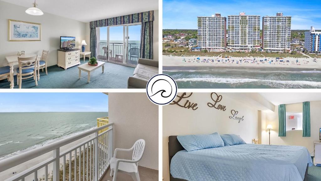 a collage of photos of a hotel room with a bed and a beach at Bay Watch Resort | Oceanfront | King Suite | Budget Friendly in Myrtle Beach