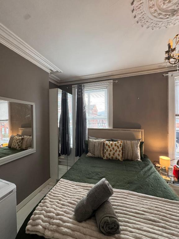 Un dormitorio con una cama grande y un espejo. en Cozy House Great Location, en Belfast