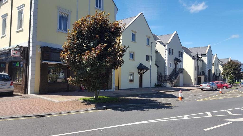 a street in a town with buildings and a tree at Courthouse View in Carrick on Shannon