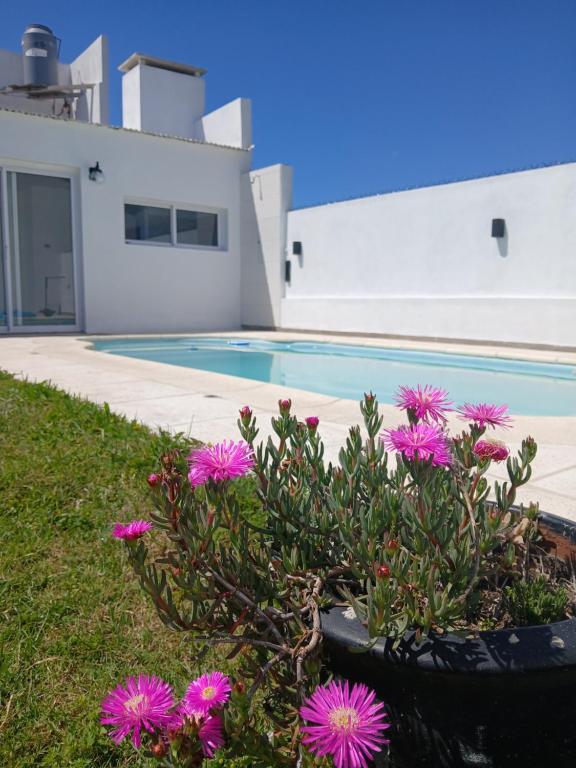 a house with a swimming pool and pink flowers at Serena in Concepción del Uruguay