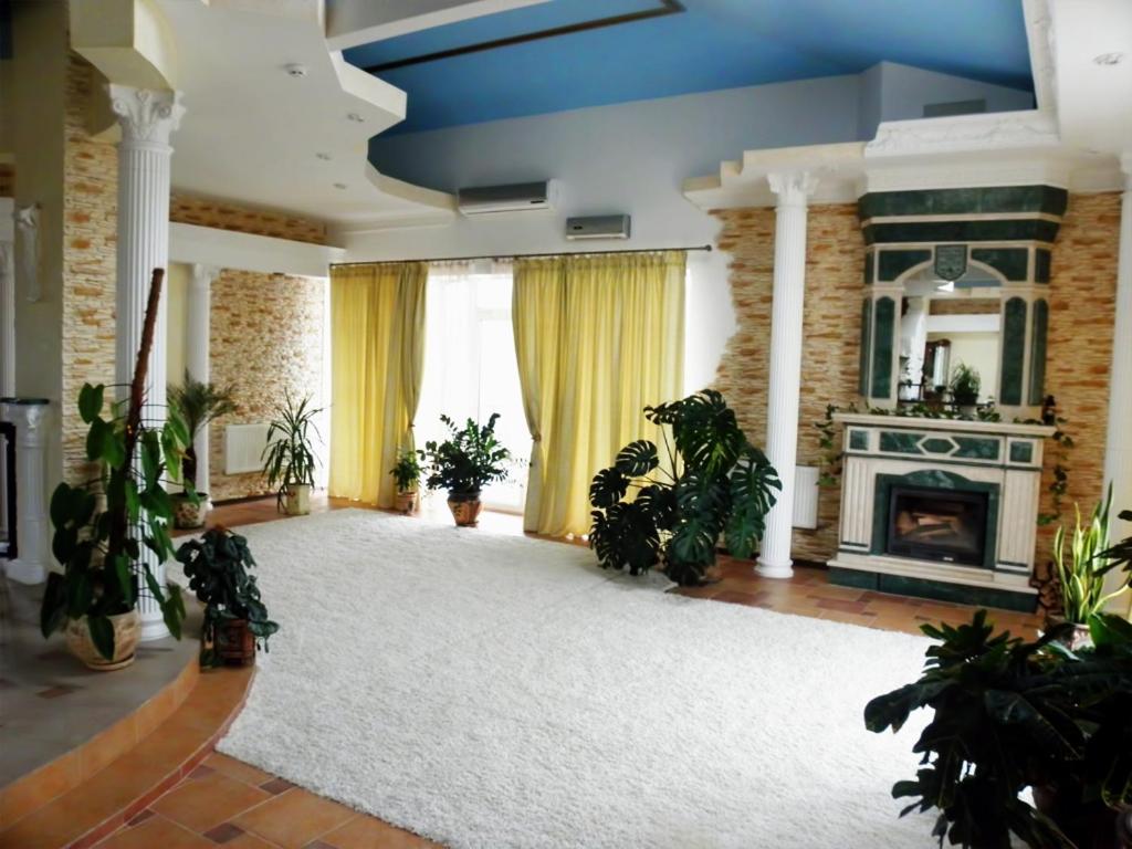 ドニプロジェルジンシクにあるZolotie Peskiの暖炉と白い敷物が備わる広いリビングルーム