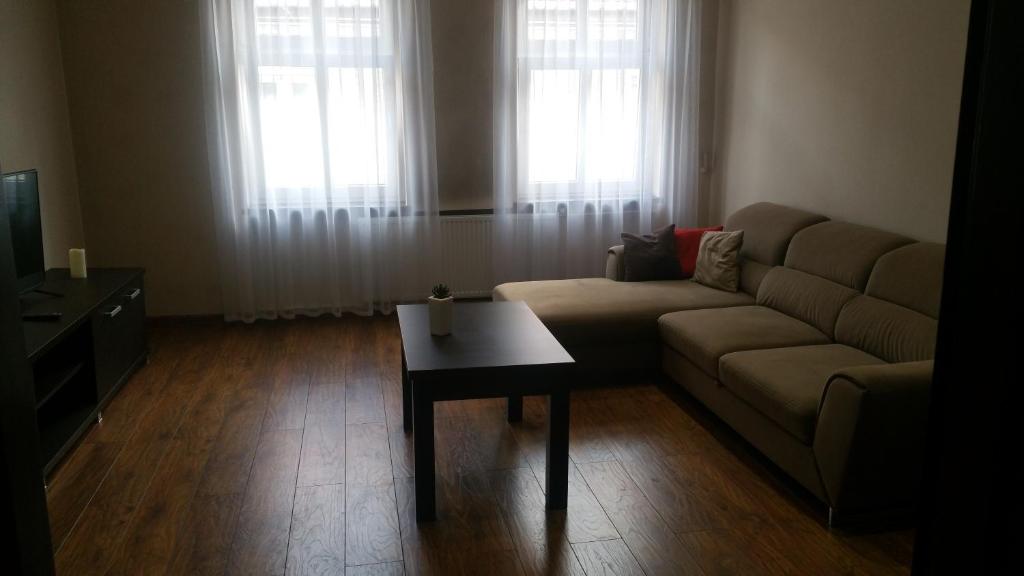 sala de estar con sofá y mesa de centro en Apartamenty Bednarska 2a, en Gliwice