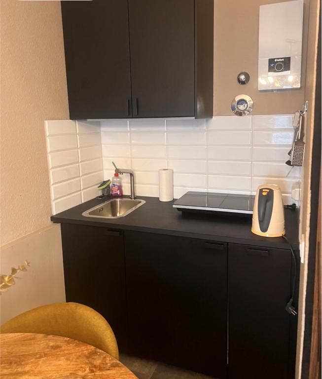 een kleine keuken met een spoelbak en een aanrecht bij Urban Art Studio Köln City in Keulen