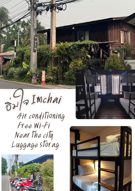 a collage of photos with a bed and a sign at Imchai in Pai