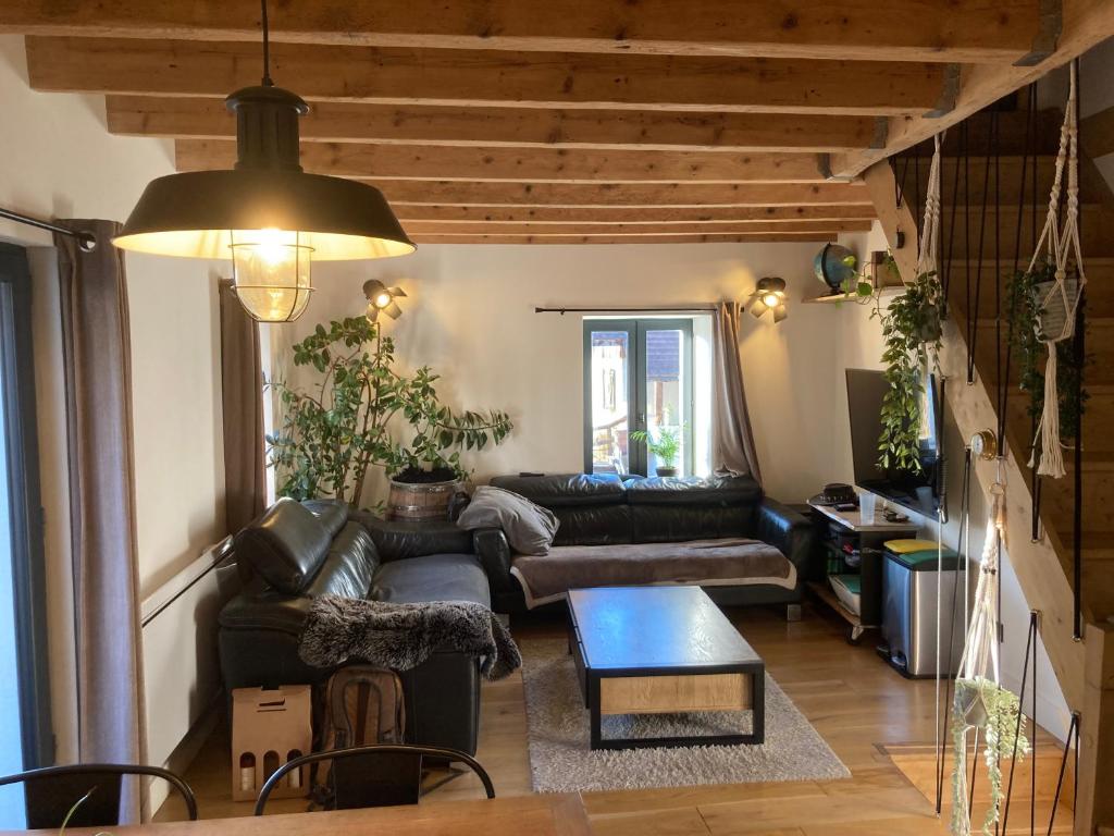 a living room with a couch and a table at Maison deux chambres avec grand jardin in Grésy-sur-Aix