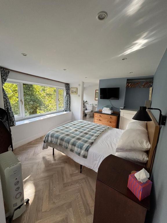 una camera da letto con un letto e una televisione di The Guest Room at Champs Cottage a Isle of Jersey