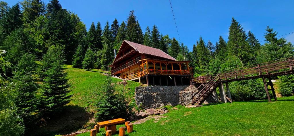 a building on a hill with a bridge and trees at Cabana Cota 1000 Arieseni in Arieşeni