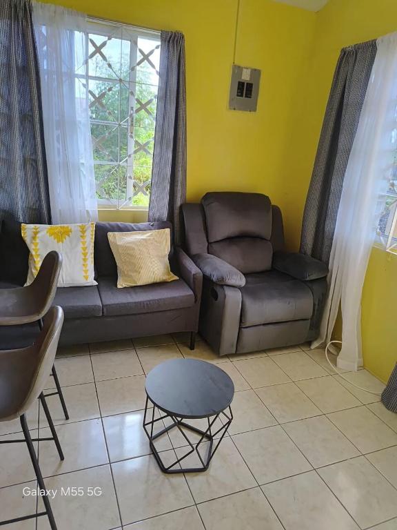 a living room with a couch and a table at The Luxe Spot in Spanish Town