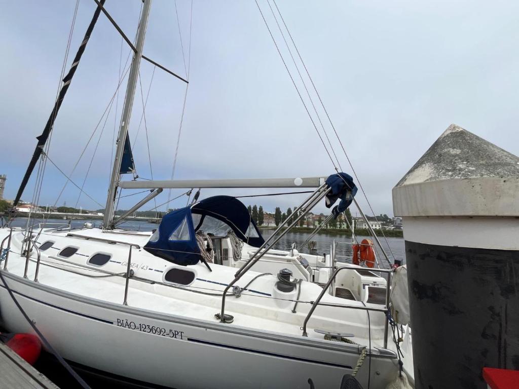 a white boat is docked at a dock at Bião boat Apartment in Vila do Conde
