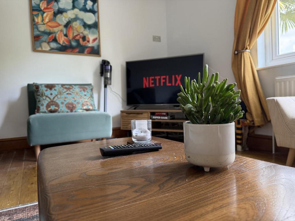 WarlinghamにあるCaterham 3 Bed House, Free on street Parkingのリビングルーム(テレビ、植物付きテーブル付)