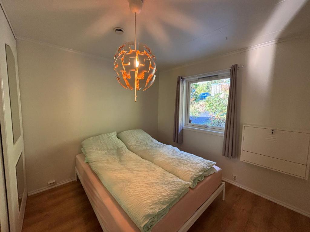 Un dormitorio con una cama y una ventana y una lámpara de araña. en Solsiden apartment, en Sogndal
