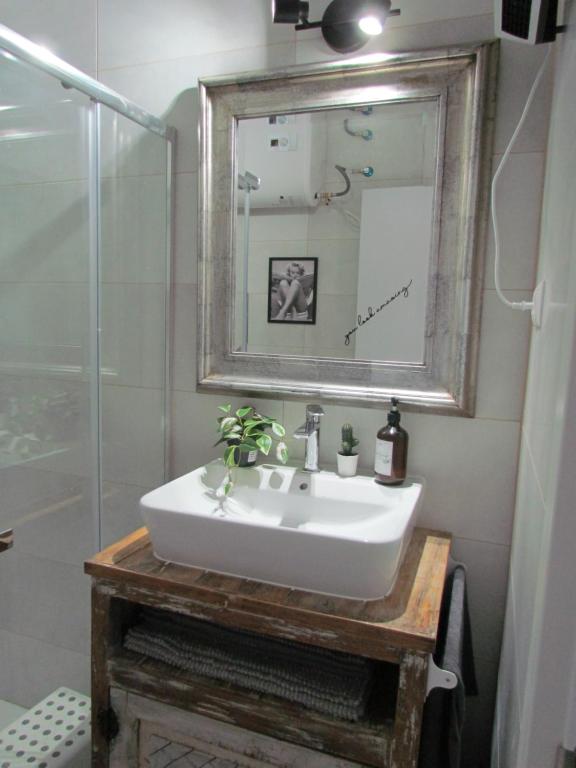 Un baño con lavabo, espejo y ducha. en Casa cerca de el Barco de Ávila, Piedrahíta y La Covatilla Casa cruce de los molinos, en La Aldehuela