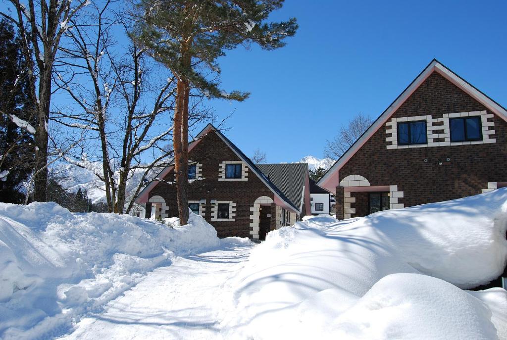 uma casa com um monte de neve em frente em Alpine Chalets Hakuba em Hakuba