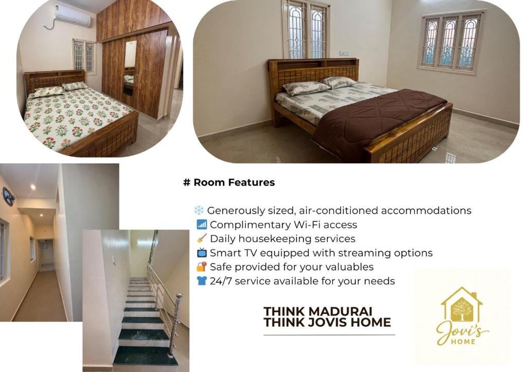 Un collage de fotografías de un dormitorio con dos camas. en JOVIs HOME, en Tallākulam