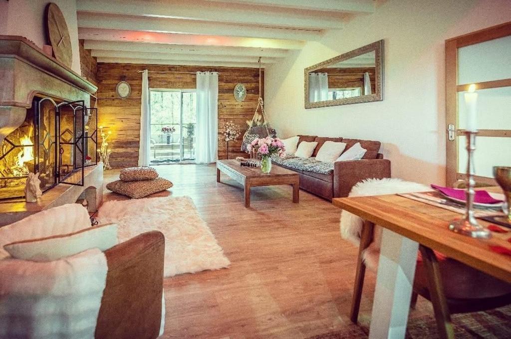 ein Wohnzimmer mit Couch und Kamin in der Unterkunft Cottage de Pénélope in Lunéville