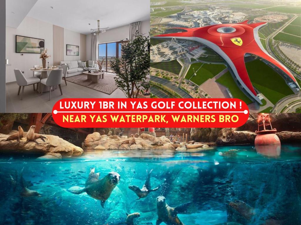 a collage of photos of a water park with a aquarium at Luxury 1br Yas Island, Golf & Water Views!near F1 in Abu Dhabi