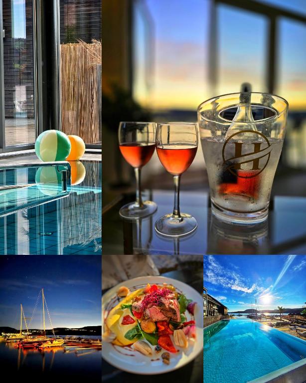 HolmsbuHolmsbu Resort的葡萄酒和食物的拼贴画