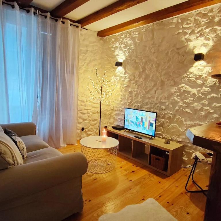 a living room with a couch and a television at La Monta Cosy in Saint-Égrève