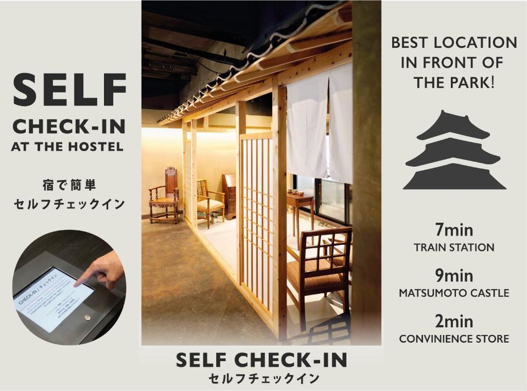a flyer for a hotel with a room with a window and a tablet at MATSUMOTO CASTLE hostel in Matsumoto